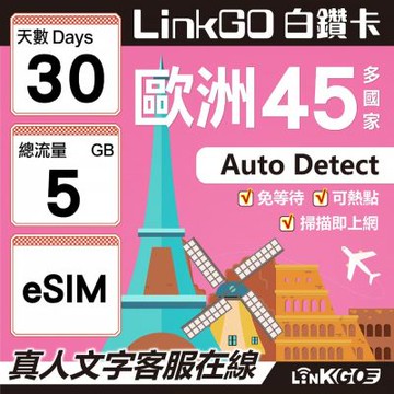 LINKGO白鑽卡 歐洲45國 eSIM卡 30天上網卡 總流量5GB (歐洲網卡 西班牙 德國 奧地利 英國)