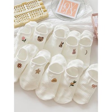 白色襪子女夏季薄款船襪純棉刺繡可愛日系隱形襪防滑不掉跟淺口襪