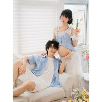 熱銷TOP1🔥韓式藍色格居家風情侶攝影服裝孕婦拍照衣服甜美寫真藝照溫柔57
