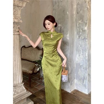 (免運)Mimo dk【盛夏】新中式綠色提花顯瘦顯白旗袍國風長款連衣裙女夏