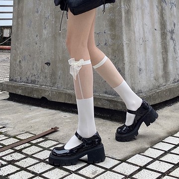 【唯家】 高品質洛麗塔襪子女夏天jk小腿襪甜酷辣妹白色中筒襪網紗拼接蝴蝶結甜美
