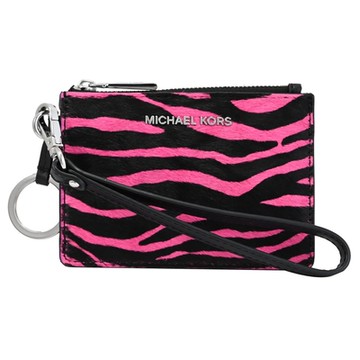 MICHAEL KORS Jet Set 金屬LOGO動物紋毛布皮革手提卡片零錢包(桃)