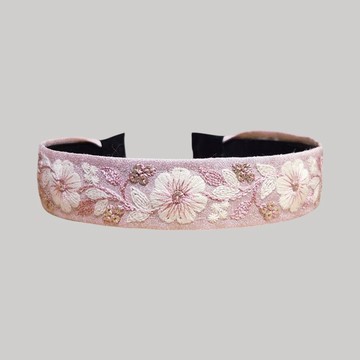 淡粉白花・粉紅色刺繡緞帶髮箍