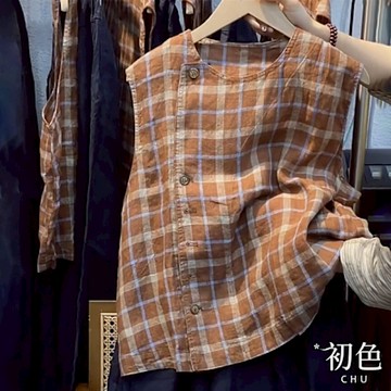 初色 日系復古風圓領無袖格紋襯衫上衣女背心-咖色-12648(M-2XL可選)