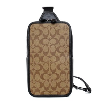 COACH卡其C Logo黑邊真皮直式方型單肩胸背斜後背男包