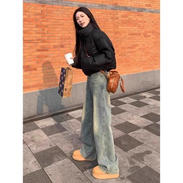 (免運)美式復古藍直筒牛仔褲女2026春季新款高街百搭寬松顯瘦窄版闊腿褲