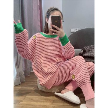 笑臉條紋加厚軟綿綿睡衣女冬季加絨保暖珊瑚絨寬松可愛家居服套裝