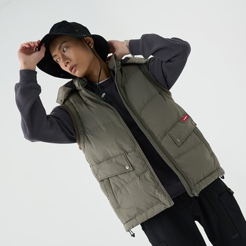 寒風勇者帽可拆羽絨背心(深綠)-男