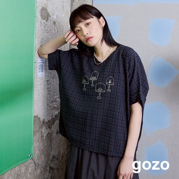 【gozo】蛋糕展示架格紋抗皺連袖上衣(黑色/淺卡其_F) | 女裝 圓領 百搭 V領