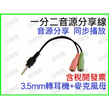 3.5mm 音源線 1分2 2合1 轉接線 四級頭 立體聲 AUX 耳機喇叭 一分二 聲音分享 音源分享線 耳機1轉2