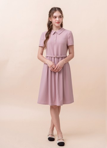 輕俏知甜翻領厚雪紡散襬洋裝（附腰帶）