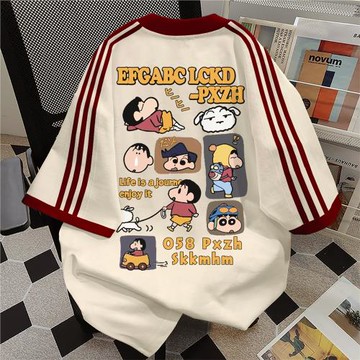 純棉ins風三條杠杏色短袖T恤女2025夏季美式蠟筆小新內搭拼接上衣