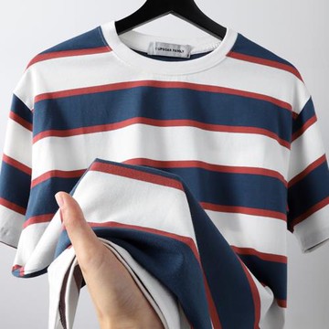 日系復古 重磅純棉紅白條紋撞色短袖t恤夏季寬松男女款百搭打底衫