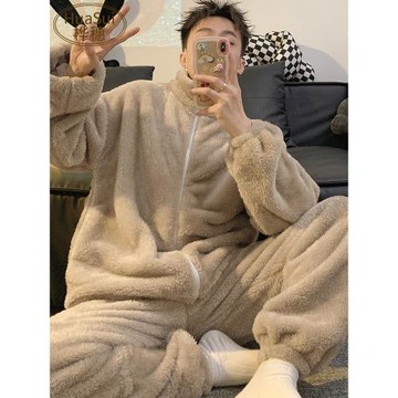 男士睡衣秋冬季珊瑚絨加厚加絨純色拉鏈法蘭絨保暖休閑家居服套裝