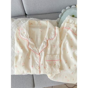 云朵棉紗布睡衣女長袖春秋款套裝甜美碎花開衫高級感家居服夏季天