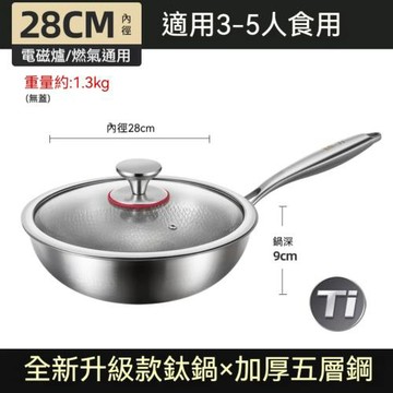 YUCN 裕川真鈦炒鍋無塗層鈦鍋不沾鍋魚鱗錘紋鈦炒鍋鈦合金家用平底炒鍋