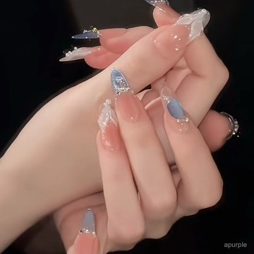 純手工顯白藍色高級貓眼氛圍ins氣質法式美甲人魚爆閃穿戴 ER0Y
