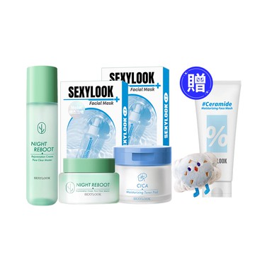 【SEXYLOOK 西西露】仙人掌極致舒緩保濕5件組(夜光霜50ml+夜光水150ml+積雪草CICA棉片50片+保濕鎖水面膜X2盒)+加贈鎖水洗面乳&洗臉手腕帶