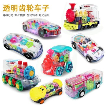 ✨超高迴購✨兒童玩具 包郵透明齒輪電動玩具車萬嚮行走燈光音樂兒童益智玩具警車