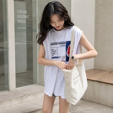 韓系夏季韓版後背開叉前後字母印花寬鬆中長款無袖背心女T恤上衣熱賣款韓妞必備新品女生夏日顯瘦爆款韓版女裝