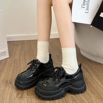 厚底小皮鞋女2025春季新款百搭內增高系帶英倫風圓頭真皮樂福單鞋