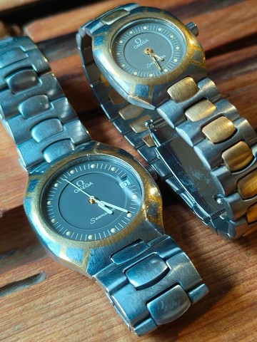 Omega海馬北極星 情侶對錶 18K金與鈦 石英錶