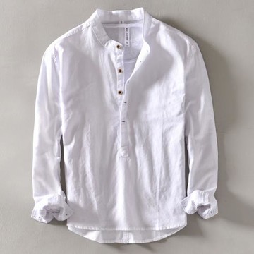 春夏季亞麻料長袖t恤男士休閑寬松立領POLO襯衫T復古棉麻布上衣服