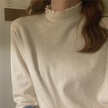 jmwomen復古蕾絲半高領打底衫女韓版秋冬加厚寬松內搭長袖T恤上衣