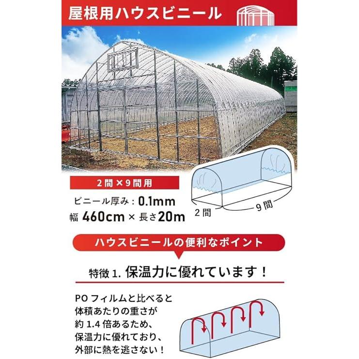 daim  日本製  屋根用 ハウスビニール 厚み0.1mm 幅460cm 長さ20m 2間×9間用 無滴透明 中継加工 ビニール温室(長さ20m)