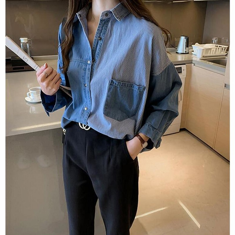 デニム風シャツ レディース 異素材切替 シャツブラウス カジュアル 長袖シャツ 春服 胸ポケット トップス 羽織り おしゃれ デニム風シャツ レディース 異素材切替 シャツブラウス