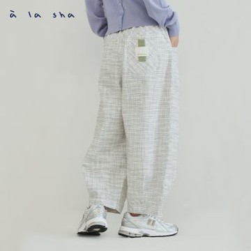 a la sha 不規則格紋打褶氣球褲