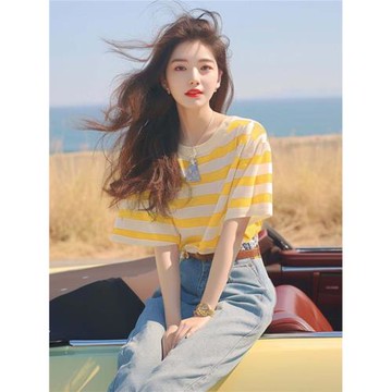 法式復古寬松條紋短袖T恤薄款上衣女夏季新款休閑百搭圓領小衫ins