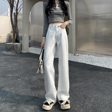 2025年夏季新款白色高腰直筒牛仔褲女加長梨形身材寬松闊腿拖地褲
