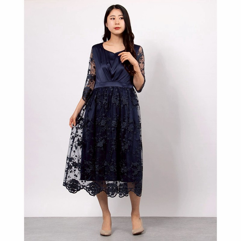 ハレモード Haremode 結婚式 二次会 セレモニーシーン対応 ワンピース パーティードレス 刺繍レースワンピース ネイビー 通販 Lineポイント最大5 0 Get Lineショッピング