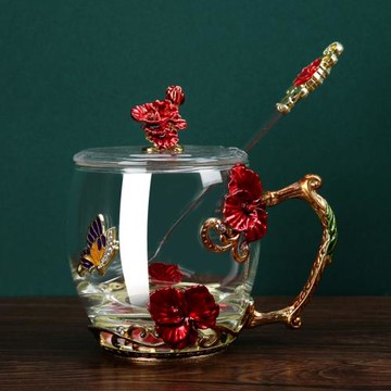 琺瑯彩水杯家用玻璃咖啡杯可愛女夏花茶早餐 杯茶杯杯子帶蓋套裝