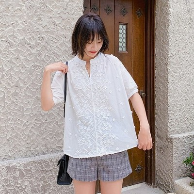 花柄 ホワイト シャツ ブラウス 森ガール レディース 夏 半袖 ヘンリーネック 通販 Lineポイント最大get Lineショッピング