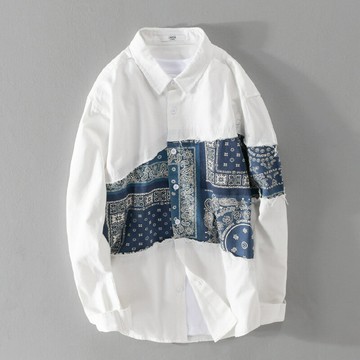 現貨+預購 襯衫長袖上衣-休閒復古拼接純棉男裝2色74jt45【獨家進口】【米蘭精品】