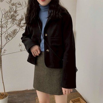小個子短款加厚保暖毛呢外套女百搭寬松長袖休閑呢子大衣1入