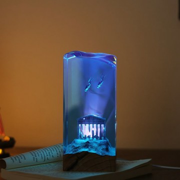 溶洞鯨魚潛水員海洋藝術工藝品/ 實木樹脂燈
