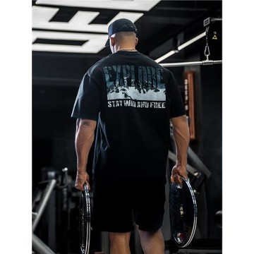 bdpowerup夏季美式雪山印花運動短袖時尚圓領純棉t恤男寬松