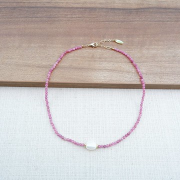 PANNE 項鍊，圓形石切割，粉紅色碧璽，短款