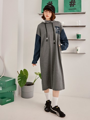 異材質牛仔拼接貼布繡連帽洋裝