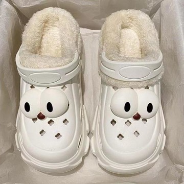加絨洞洞鞋女款冬季2024新款厚底增高外穿護士毛毛棉拖鞋女士冬天