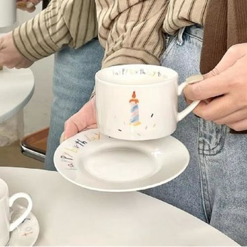 小清新陶瓷杯生日快樂杯碟套裝少女心下午茶咖啡杯碟生日禮物