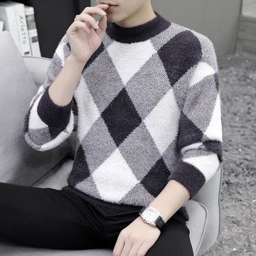 男裝秋款新款半高領男裝圓領毛衣寬松青少年百搭格子針織衫上衣