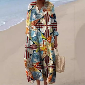 獨立站歐美新款秋季長袖連衣裙 大碼V領創意休閑長袖寬松連衣裙