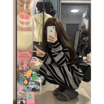 慵懶風條紋毛衣針織連衣裙寬松中長款秋冬新款打底內搭過膝長裙子