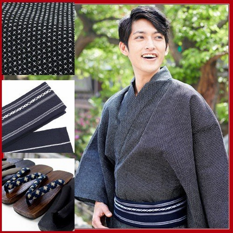 男物綿麻浴衣3点セット 黒地に白の蚊絣 浴衣 角帯 下駄 男性 メンズ 紺 通販 Lineポイント最大0 5 Get Lineショッピング