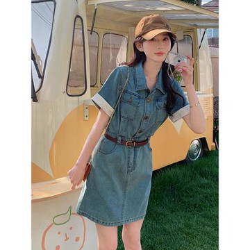新中式薄款牛仔連衣裙2025新款女夏季小個子遮肚收腰顯瘦連身短裙