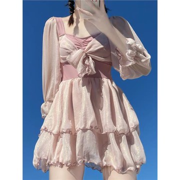 游朵法式復古微胖泳衣女遮肚顯瘦泡溫泉長袖保守2023新款連體裙式